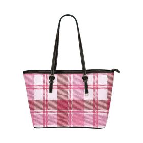 Large Leather Tote Shoulder Bag - Pink And White Plaid Pattern Illustration