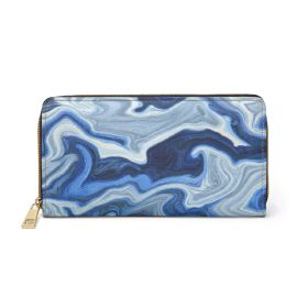 Blue White Grey Marble Pattern Womens Zipper Wallet Clutch Purse
