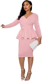 Women's Off Shoulder V Neck Ruffle Peplum Bodycon Midi Dress Wrap Cocktail Party Work Pencil Dresses (Color: 2pink)