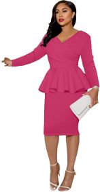 Women's Off Shoulder V Neck Ruffle Peplum Bodycon Midi Dress Wrap Cocktail Party Work Pencil Dresses (Color: 2rosered)