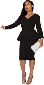 Women's Off Shoulder V Neck Ruffle Peplum Bodycon Midi Dress Wrap Cocktail Party Work Pencil Dresses (Color: 2black)