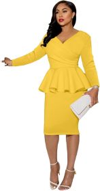 Women's Off Shoulder V Neck Ruffle Peplum Bodycon Midi Dress Wrap Cocktail Party Work Pencil Dresses (Color: 2yellow)